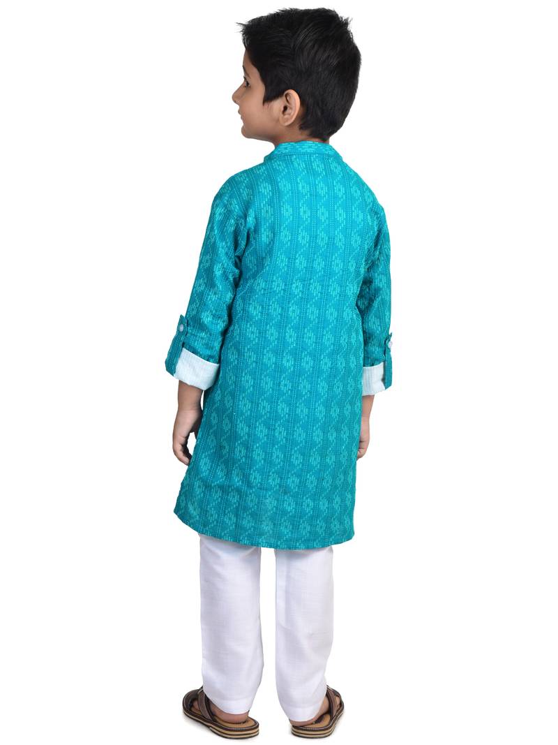Kinder Kids Boys Light Blue White Katha Pure Cotton Kurta with pajama