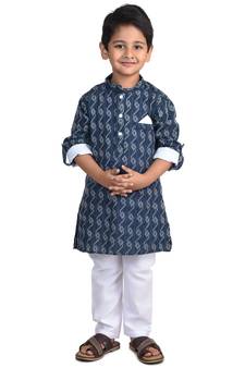 Kinder Kids Boys Dark Blue White Katha Pure Cotton Kurta with pajama
