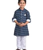 Kinder Kids Boys Dark Blue White Katha Pure Cotton Kurta with pajama