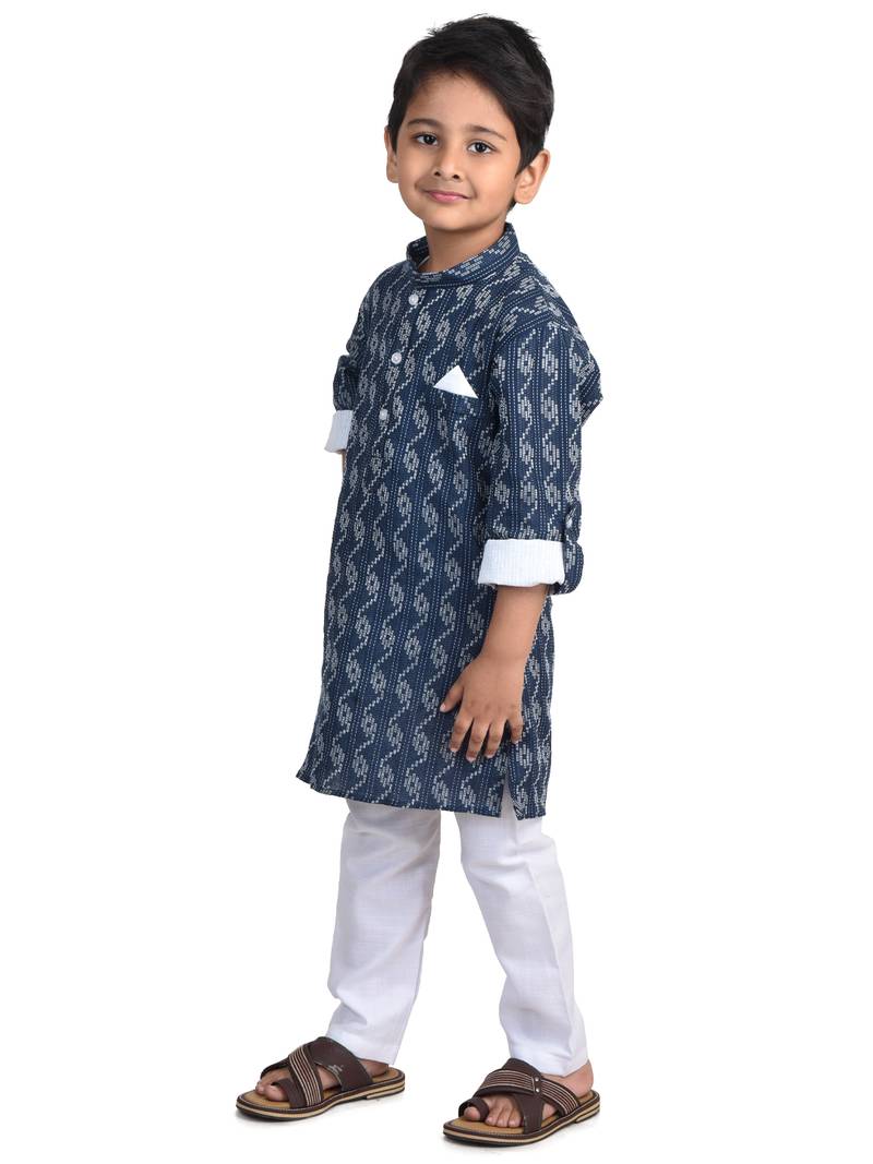 Kinder Kids Boys Dark Blue White Katha Pure Cotton Kurta with pajama