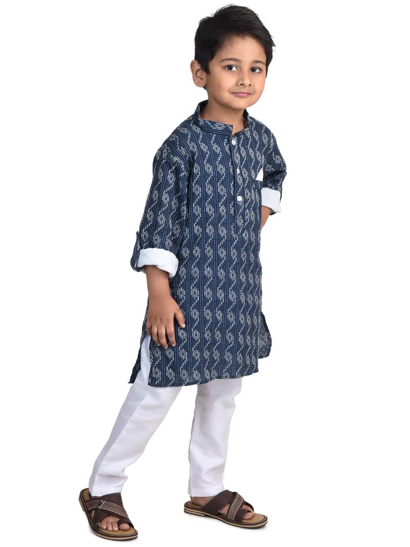 Kinder Kids Boys Dark Blue White Katha Pure Cotton Kurta with pajama