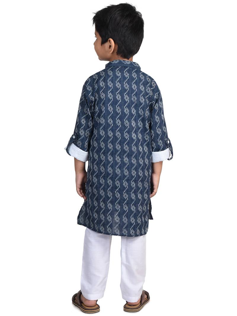 Kinder Kids Boys Dark Blue White Katha Pure Cotton Kurta with pajama