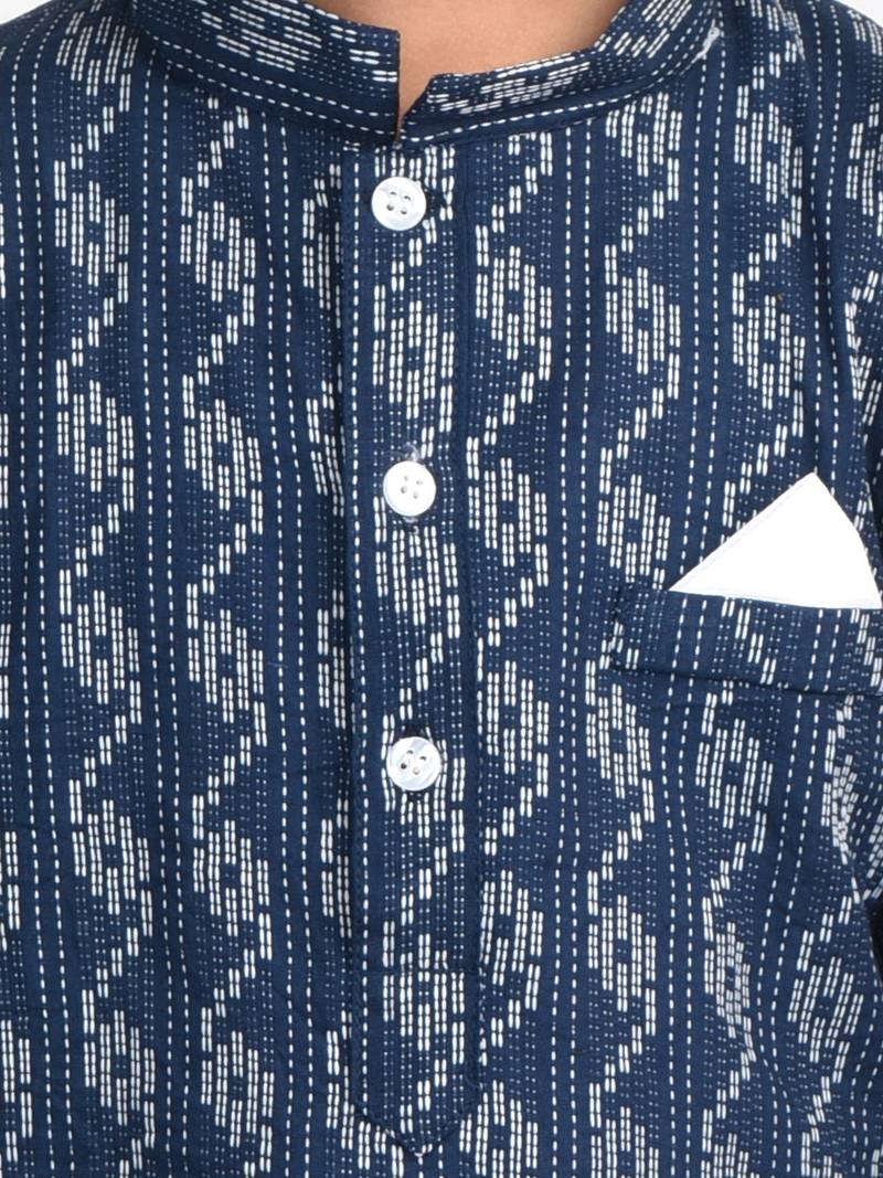 Kinder Kids Boys Dark Blue White Katha Pure Cotton Kurta with pajama