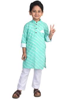 Kinder Kids Blue Full Sleeves Lehriya Design Kurta with Silver butti with Pajama