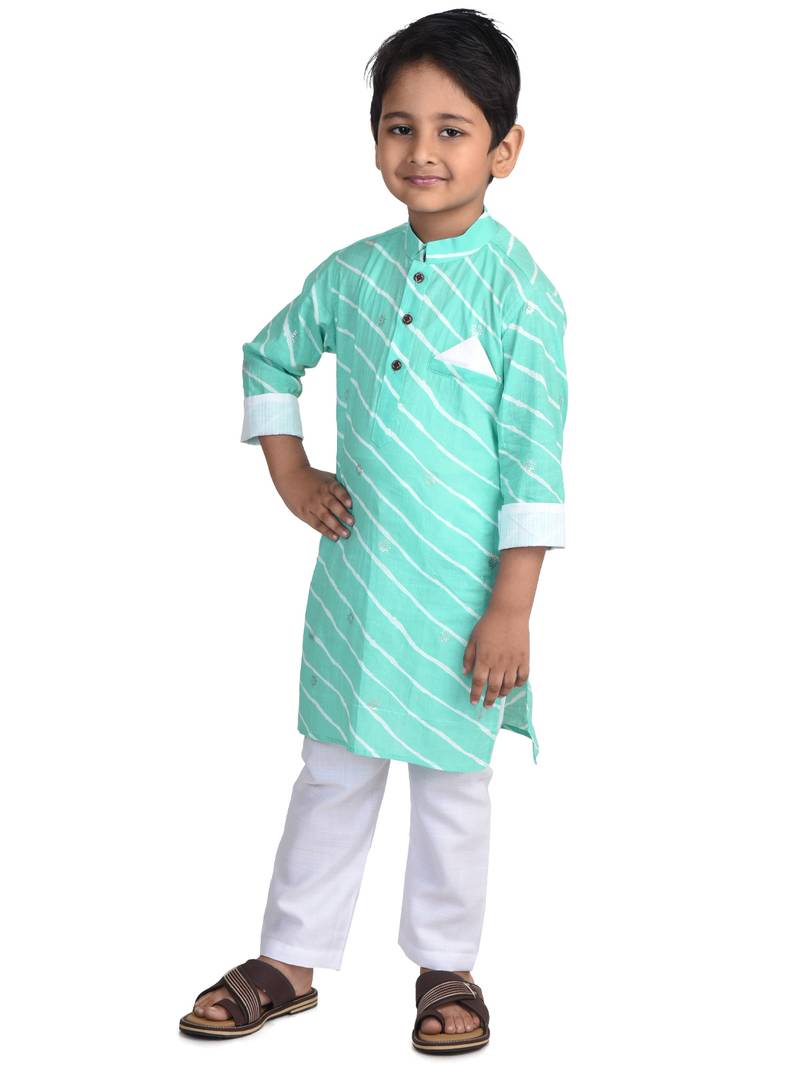 Kinder Kids Blue Full Sleeves Lehriya Design Kurta with Silver butti with Pajama
