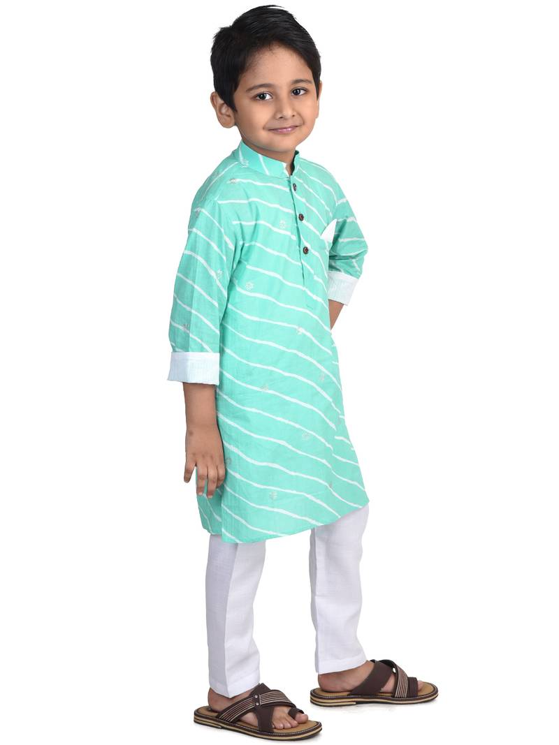 Kinder Kids Blue Full Sleeves Lehriya Design Kurta with Silver butti with Pajama
