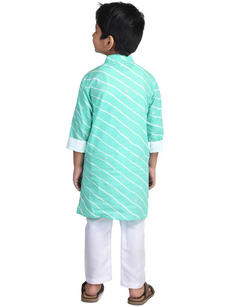 Kinder Kids Blue Full Sleeves Lehriya Design Kurta with Silver butti with Pajama