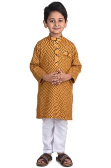 Kinder Kids Boys Yellow  Black Geometric Printed Thread Work Pastels Kurta with pajama
