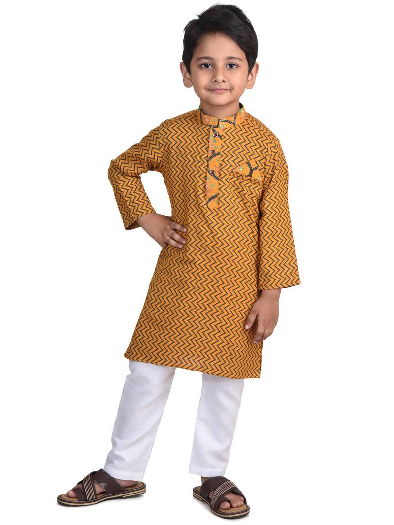 Kinder Kids Boys Yellow  Black Geometric Printed Thread Work Pastels Kurta with pajama