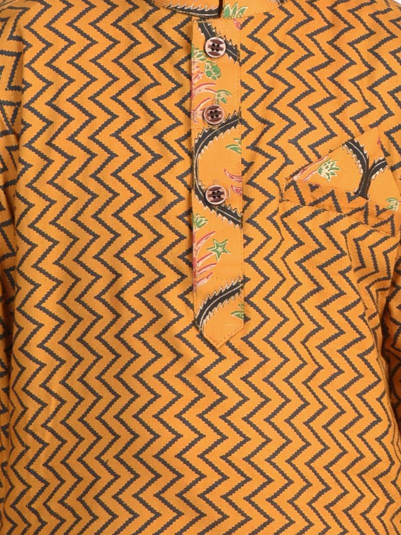 Kinder Kids Boys Yellow  Black Geometric Printed Thread Work Pastels Kurta with pajama