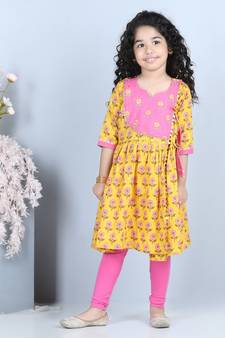 Yellow Floral angrakha Printed and embroidered yoke with pink leggings