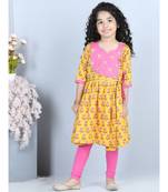 Yellow Floral angrakha Printed and embroidered yoke with pink leggings