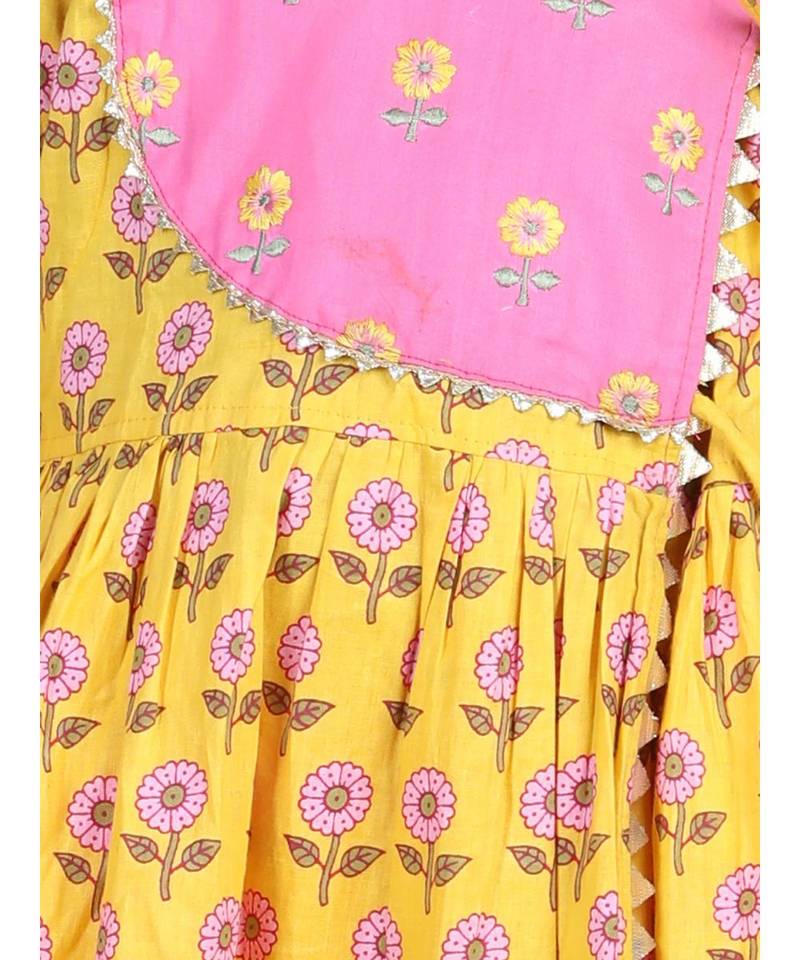 Yellow Floral angrakha Printed and embroidered yoke with pink leggings