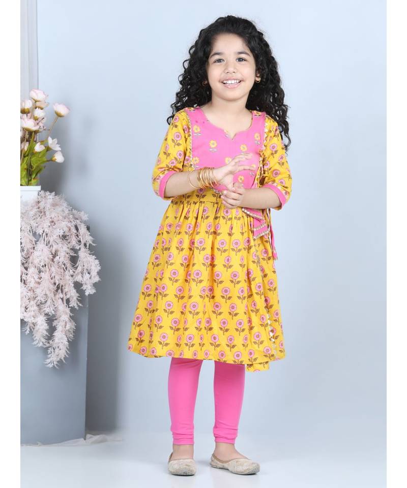 Yellow Floral angrakha Printed and embroidered yoke with pink leggings