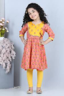 Peach Floral angrakha Printed Kurti and embroidered yoke with Yellow leggings