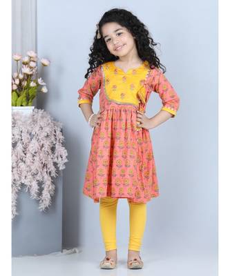 Peach Floral angrakha Printed Kurti and embroidered yoke with Yellow leggings 1
