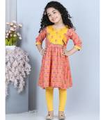 Peach Floral angrakha Printed Kurti and embroidered yoke with Yellow leggings