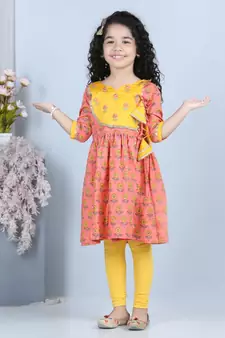 Peach Floral angrakha Printed Kurti and embroidered yoke with Yellow leggings