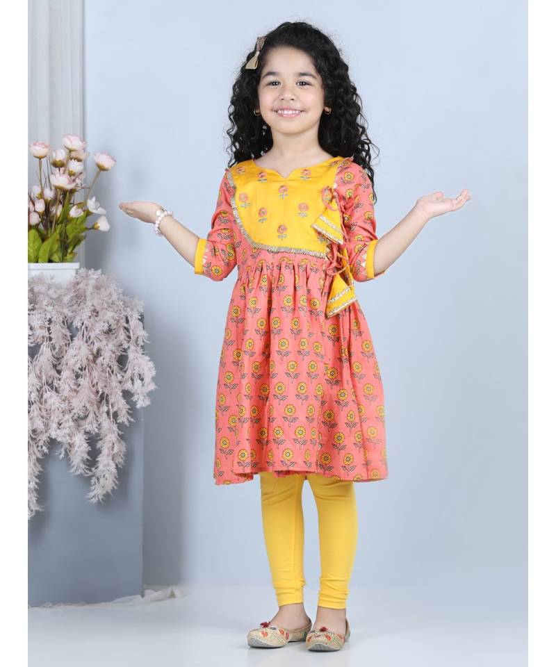 Peach Floral angrakha Printed Kurti and embroidered yoke with Yellow leggings