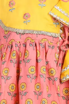 Peach Floral angrakha Printed Kurti and embroidered yoke with Yellow leggings
