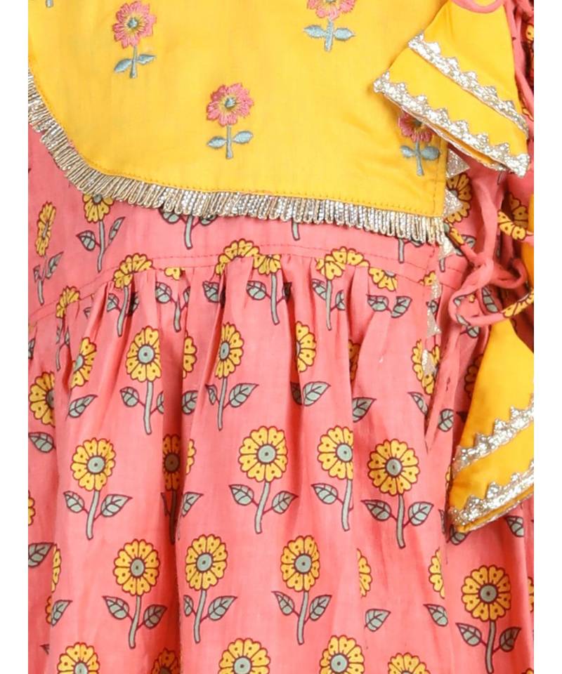 Peach Floral angrakha Printed Kurti and embroidered yoke with Yellow leggings