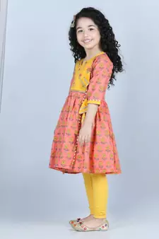 Peach Floral angrakha Printed Kurti and embroidered yoke with Yellow leggings
