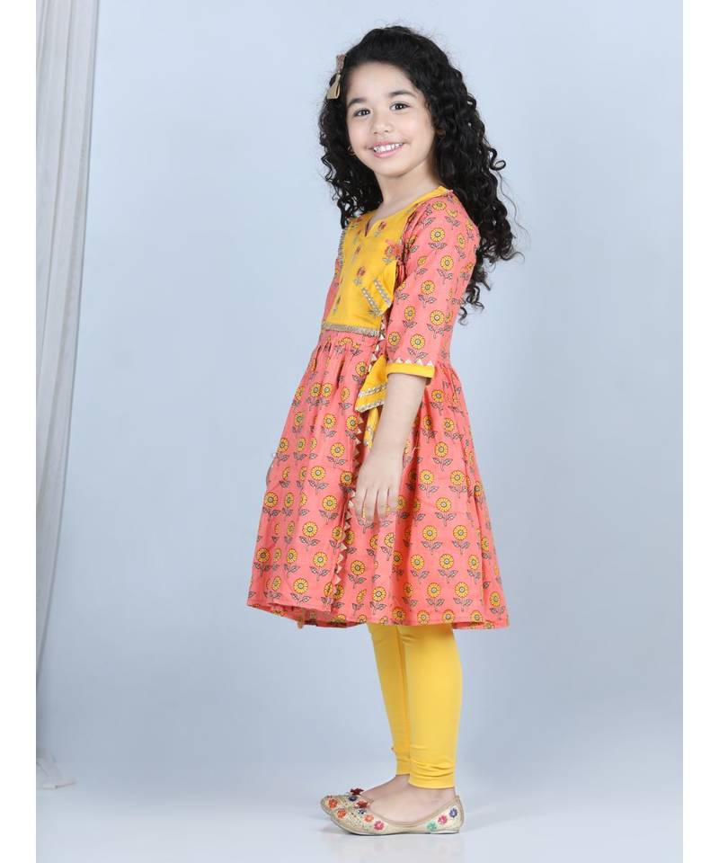 Peach Floral angrakha Printed Kurti and embroidered yoke with Yellow leggings