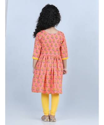 Peach Floral angrakha Printed Kurti and embroidered yoke with Yellow leggings 5