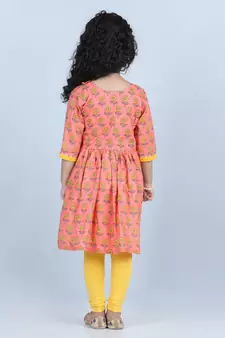 Peach Floral angrakha Printed Kurti and embroidered yoke with Yellow leggings