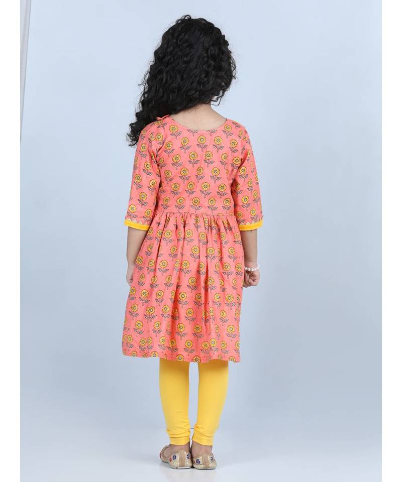 Peach Floral angrakha Printed Kurti and embroidered yoke with Yellow leggings