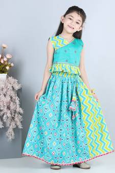 Blue patola printed lehenga set with embroidered top