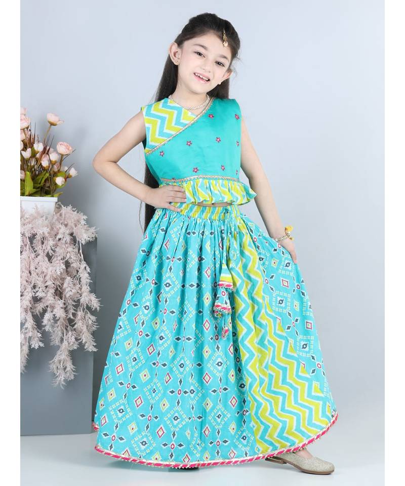Blue patola printed lehenga set with embroidered top