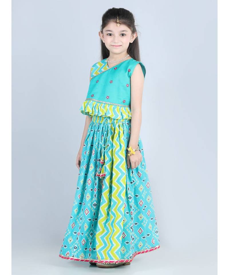 Blue patola printed lehenga set with embroidered top