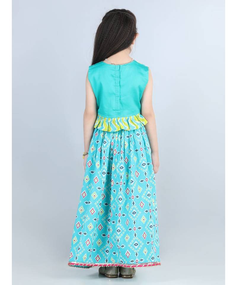 Blue patola printed lehenga set with embroidered top
