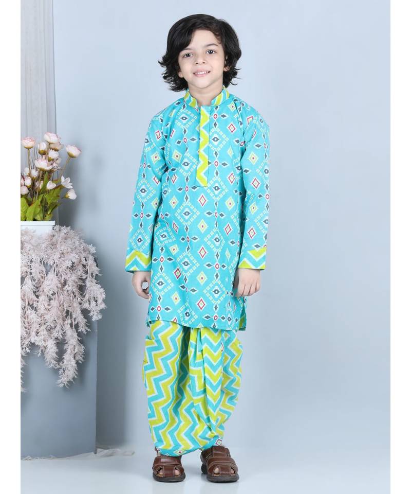 Blue patola printed Kurta with stripped dhoti