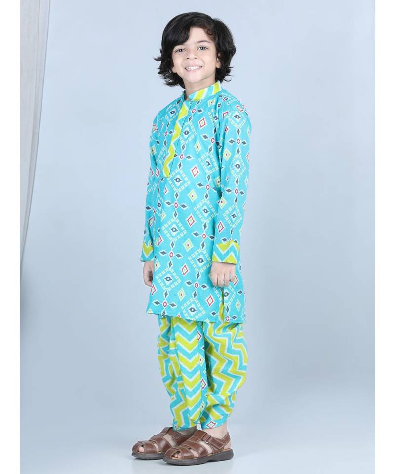 Blue patola printed Kurta with stripped dhoti