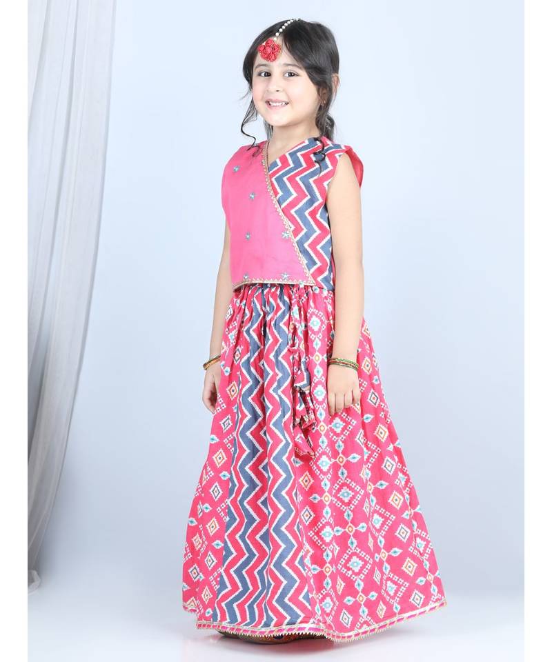 Pink patola printed lehenga set with embroidered top