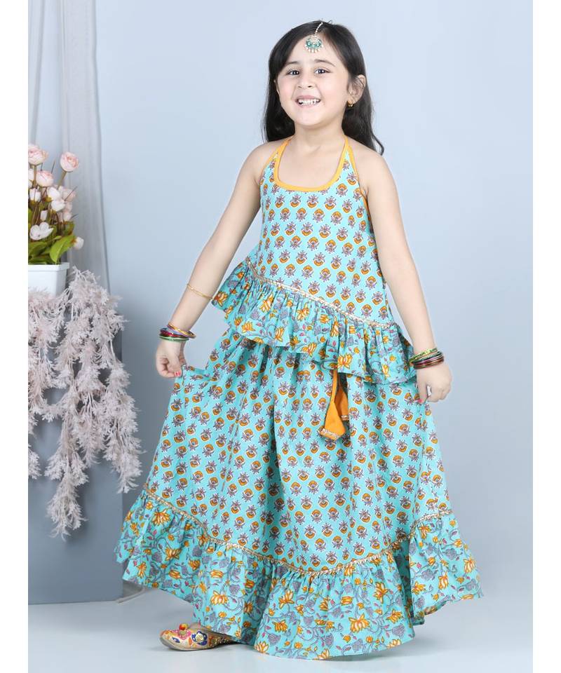 Ferozi printed lehenga set with printed halter top