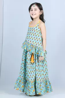 Ferozi printed lehenga set with printed halter top