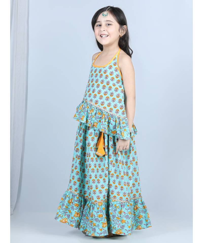 Ferozi printed lehenga set with printed halter top