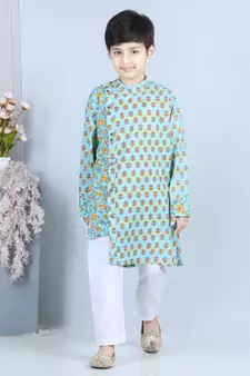 Printed Kurta with white cotton pajama