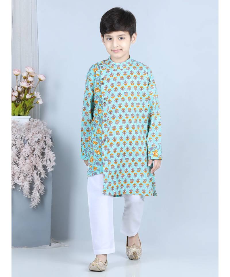 Printed Kurta with white cotton pajama