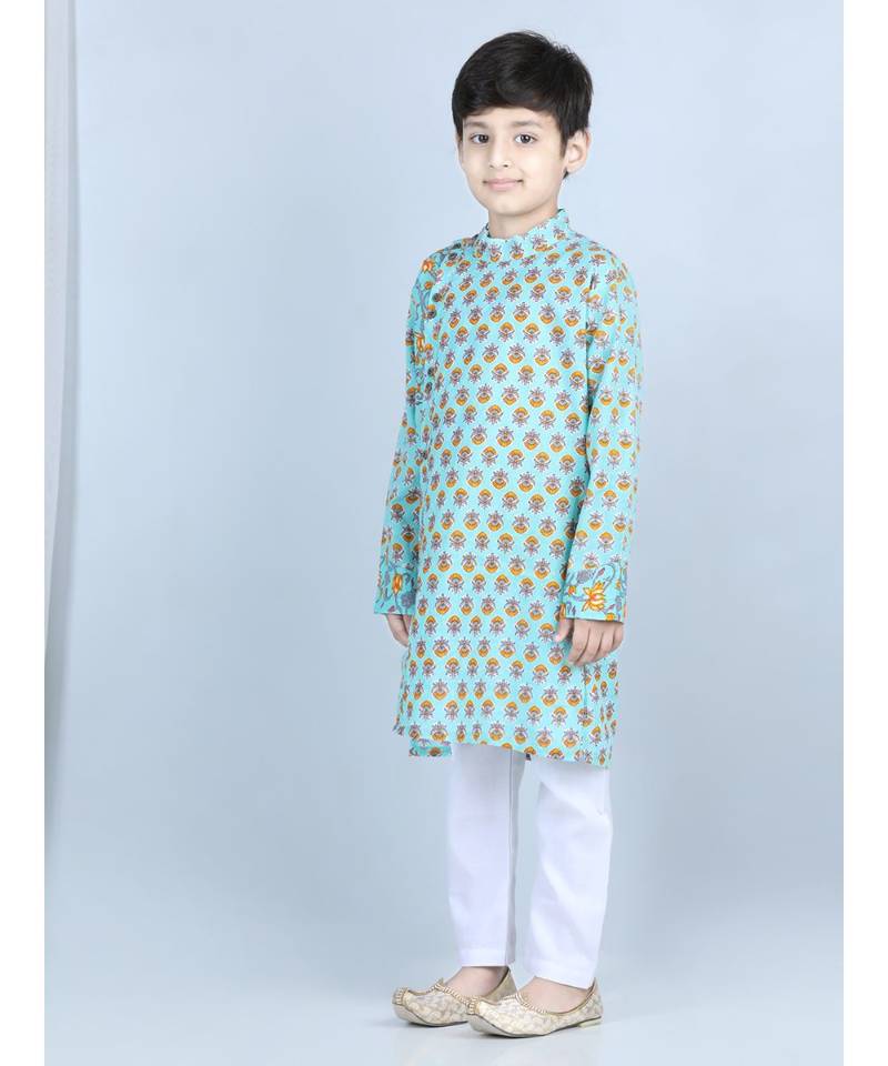 Printed Kurta with white cotton pajama
