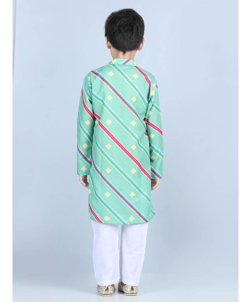 Green Leheriya printed kurta with white cotton pajama