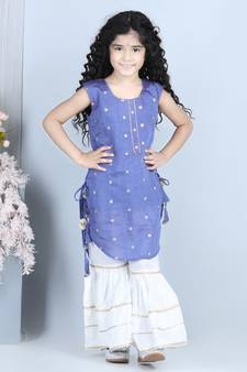 Purple gold jacquard printed kurti with tassles work paired with offwhite Sharara
