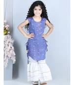 Purple gold jacquard printed kurti with tassles work paired with offwhite Sharara