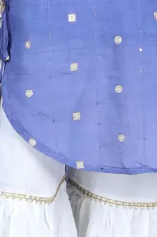 Purple gold jacquard printed kurti with tassles work paired with offwhite Sharara