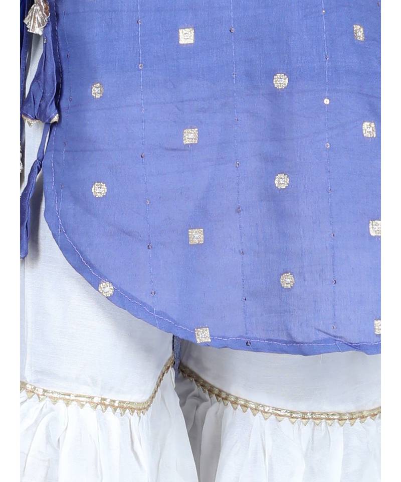 Purple gold jacquard printed kurti with tassles work paired with offwhite Sharara