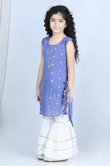 Purple gold jacquard printed kurti with tassles work paired with offwhite Sharara