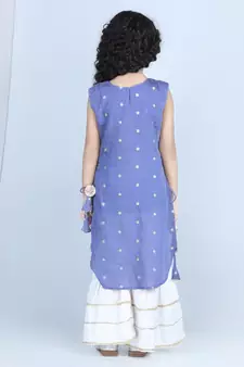 Purple gold jacquard printed kurti with tassles work paired with offwhite Sharara